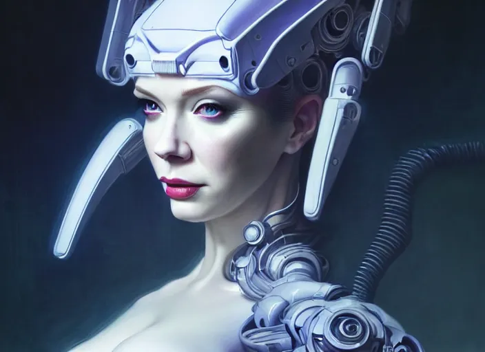 Image similar to portrait shot of christina hendricks in ghost in the shell wearing a cyberpunk costume, intricate, elegant, highly detailed, centered, digital painting, artstation, concept art, smooth, sharp focus, illustration, artgerm, tomasz alen kopera, peter mohrbacher, donato giancola, joseph christian leyendecker, wlop, boris vallejo