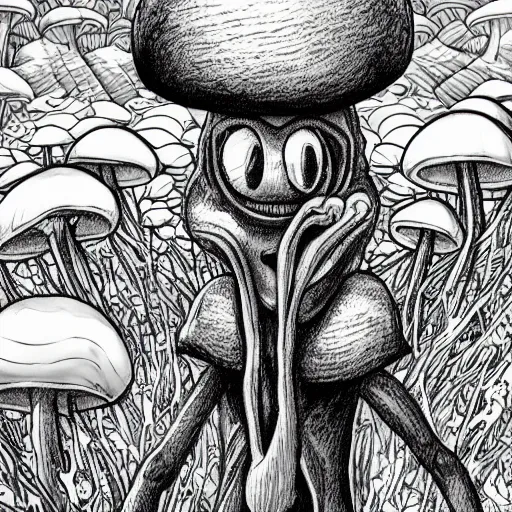 Image similar to A close up portrait of a horrifying psychedelic godlike anthropomorphic frog smoking an anime blunt , magic mushroom village in background . award winning. superb resolution. in the art style of junji Ito and greg rutkowski . Detailed Mushroom city in background. Hyper realistic anime. Perfect art. Dalle2