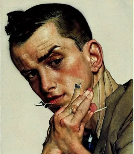 Prompt: portrait of a handsome non binary criminal lost in thought, by norman rockwell, intense desire, high quality, high detail