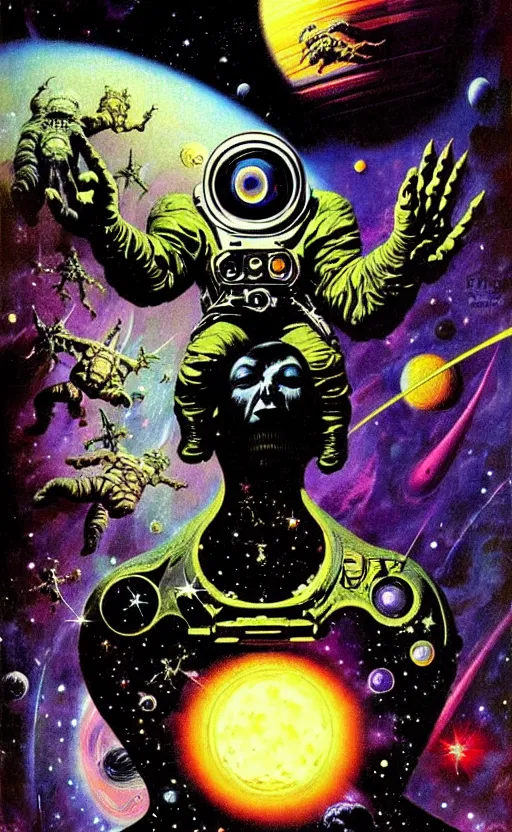 Image similar to trippy psychedelic cosmic eyes in outer space illustration by frank frazetta