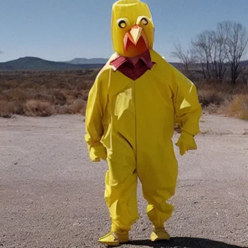 Image similar to Walter White dressed up as a chicken from Los Pollos Hermanos