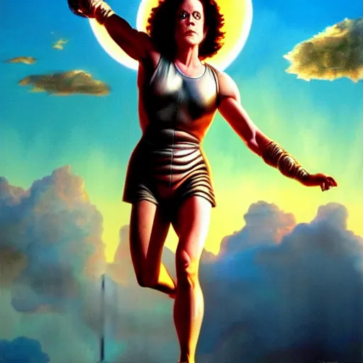 Image similar to Sigourney weaver as goddess Athena, full body, Flying in a Red clouded Sky, by Alex Ross, atmospheric lighting, painted, intricate, golden hour, ultra detailed