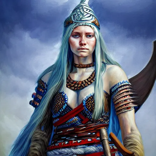 Image similar to highly detailed painting of a viking warrior goddess woman, maldivian, blue eyes, high fantasy art by jon foster trending on arstation