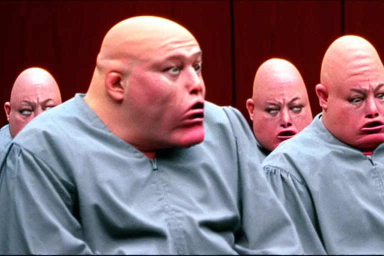 Prompt: crying coneheads testifying in court, detailed facial expressions