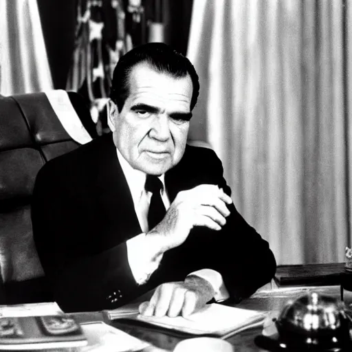 Image similar to Richard Nixon drinking whiskey in the oval office
