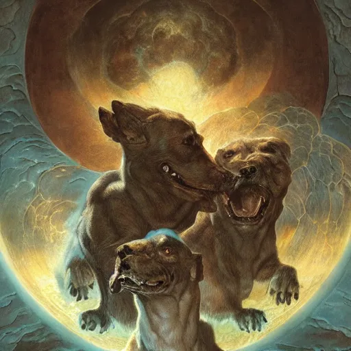 Prompt: hyperdetailed matte art of a three headed dog cerberus by william blake, greg rutkowski, amano, rene magritte, craig mullins, three headed dog cerberus, details