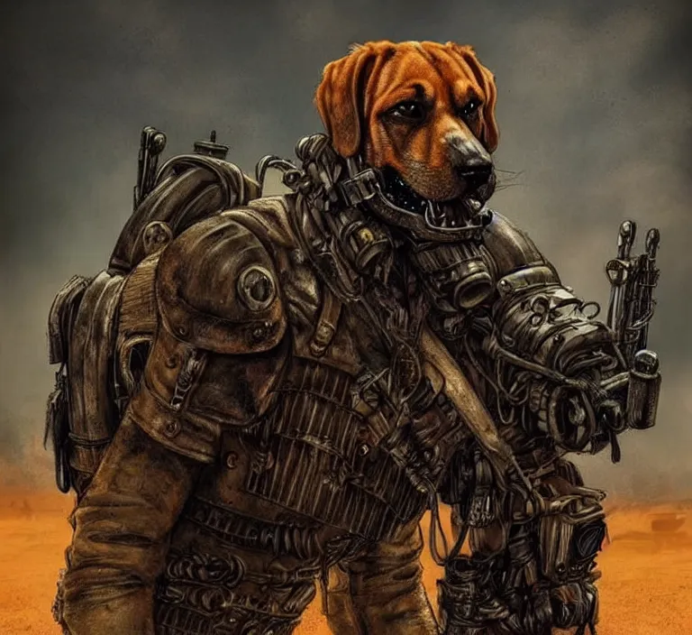 Image similar to a good ol'bloodhound pup fursona ( from the furry fandom ), heavily armed and armored facing down armageddon in a dark and gritty version from the makers of mad max : fury road. witness me.