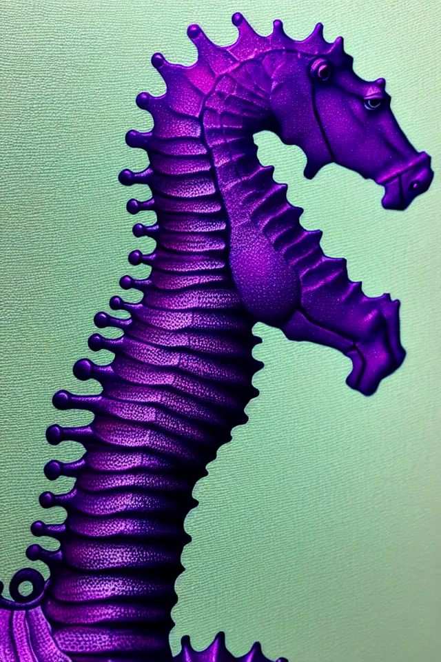 Prompt: a close - up portrait of a purple ornate seahorse statue, black paper, billions of details, beautiful intricate painting by kokaris