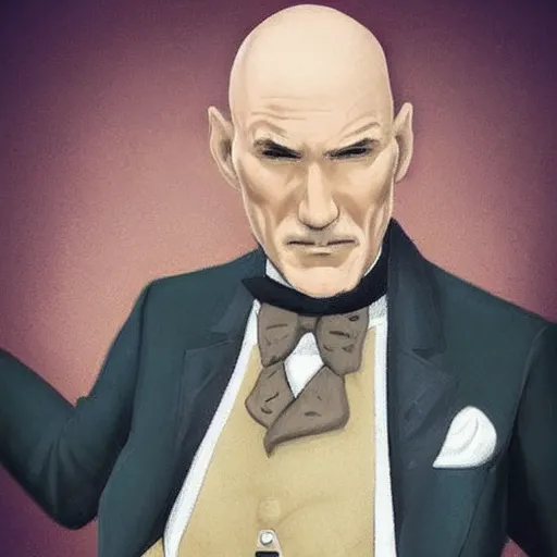 Prompt: older fantasy butler that looks similar to michael kane and patrick stewart, full body portrait, handsome, well groomed mustache, detailed, magic the gathering art style, balding, well dressed, pet rat on shoulder