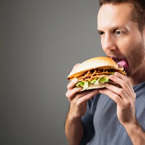 Image similar to a medium shot studio photograph of a man 35 years old eating a sandwich of microphone
