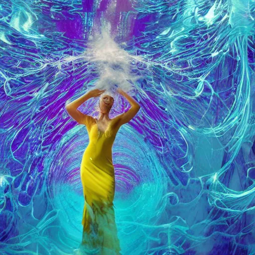 Image similar to woman dancing underwater wearing a flowing dress made of blue, magenta, and yellow seaweed, delicate coral sea bottom, swirling silver fish, swirling smoke shapes, cycles render, caustics lighting from above, cinematic, hyperdetailed