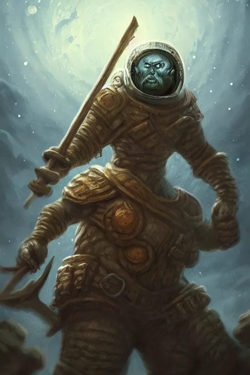 Prompt: Giant with an axe walking on the moon, fantasy, intricate, highly detailed, digital painting, HQ, trending on artstation, illustration, Magic the Gathering artwork