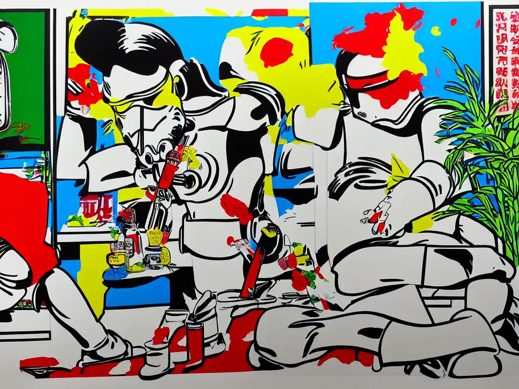 Prompt: hyperrealism composition of the asian home with a garden, stormtrooper in hot springs, pop - art style, jacky tsai style, andy warhol style, roy lichtenstein, acrylic on canvas