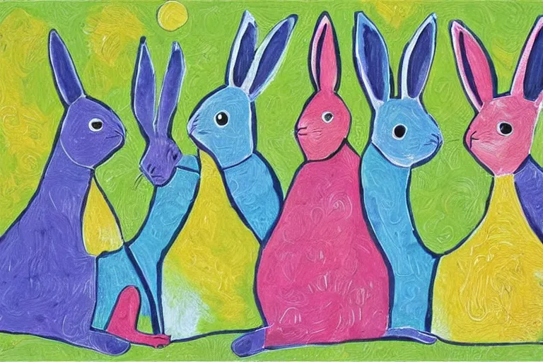 Image similar to beautiful art illustration of a group of rabbits by laurel burch, highly detailed