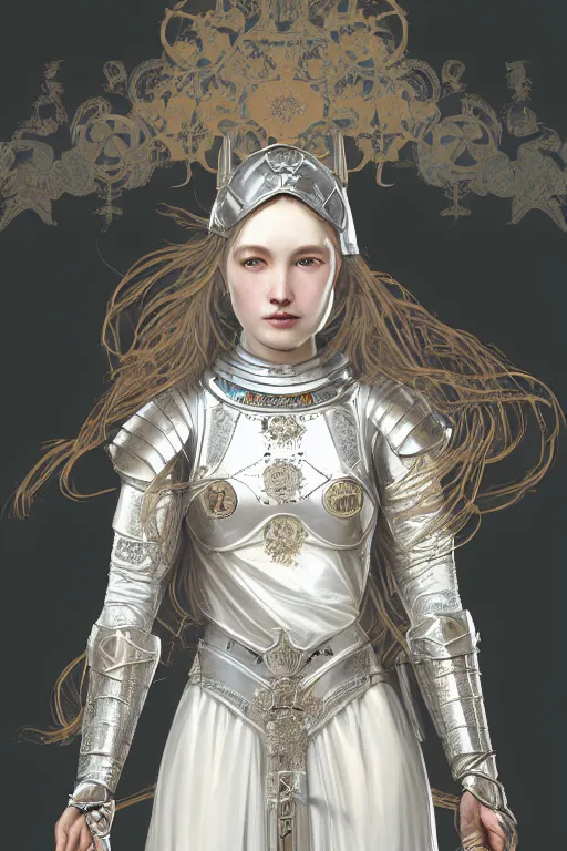 Image similar to beautiful and victorian and holy and divine and elite young medieval female white armor knight portrait +shinny eyes+front face with light flowing hair, ultradetail face, art and illustration by tian zi and craig mullins and WLOP and alphonse mucha, fantasy, intricate complexity, human structure, human anatomy, fantasy character concept, watermark, blurry, hyperrealism 8k