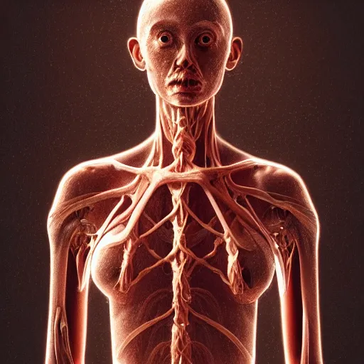 Prompt: A beautiful surreal illustration of the human body,very thin tendrils,blisters networked with blood vessels,grasping arms,bones,highly detailed, liquid oilpaint, Doug Chiang, Gustave Dore, Leonardo da Vinci, trending on Artstation, industry, lucid and intricate, rectilinear, digital art, Octane, redshift, vray,8k, 64 megapixels, ZBrush Central, behance HD, hypermaximalist,well rendered:1:1:1:1