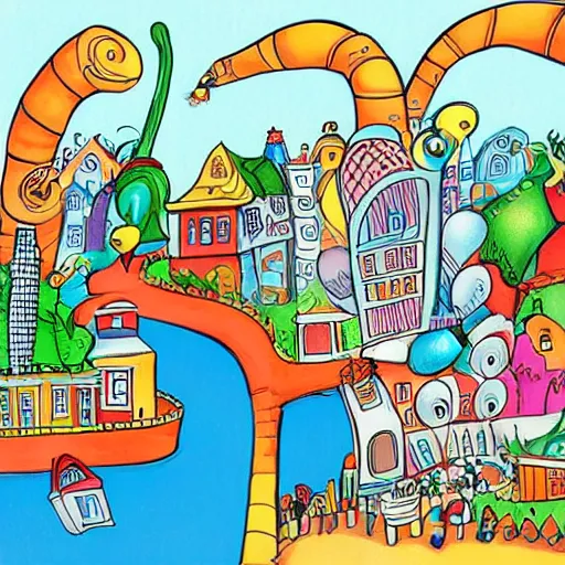 Image similar to fanciful city filled with curvy buildings, by dr seuss, oh the places you'll go, arches, platforms, towers, bridges, stairs, colorful kids book illustration