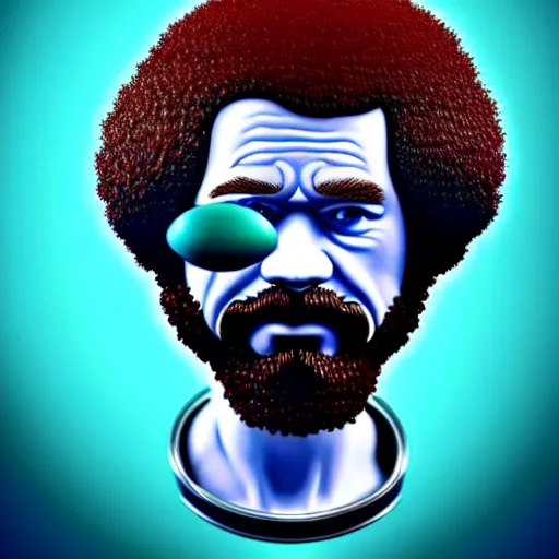 Prompt: bob ross chia pet with extremely large and intricate eye cyberpunk bionics with angry blue eyes and slim features looking askance, eye cyberpunk bionics, retro futurist style, intricate, elegant gleaming intricate baroque jewelry, angelic halo, highly detailed, digital painting, artstation, concept art, smooth, sharp focus, illustration, art by wlop, ravelo and rutkowski
