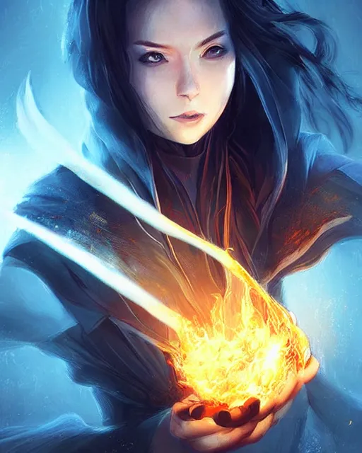 Prompt: digital art by wlop and artgerm in the style of throne of glass book covers illustrations, a young adult female magician with fireballs in hand and a blue magic lighting aurea overlay