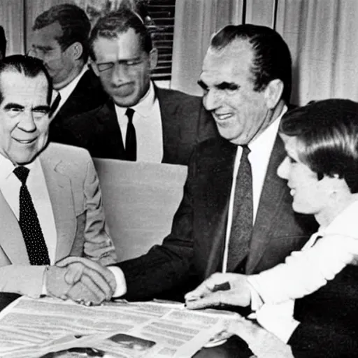 Prompt: Newspaper photograph showing President Nixon making a deal with the Mere-people of Atlantis