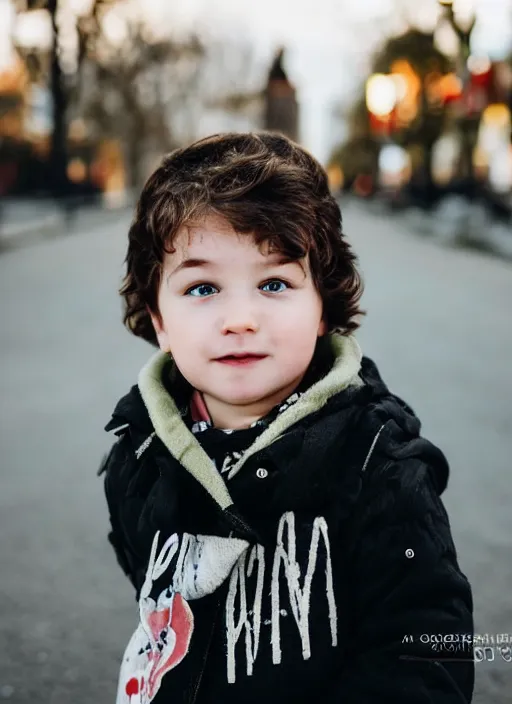 Prompt: a personal close up portrait of a 1 year old man from switzerland, his hair is brown and short, his eyes are green, his face is symmetric and friendly, he's proud to be where he is in life, black jacket, ambient light, beautiful composition, magazine, full frame, 5 0 mm, f 1. 8