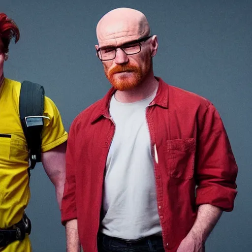 Prompt: kj apa, who has red hair, in the same room with walter white, who is bald, still from breaking bad