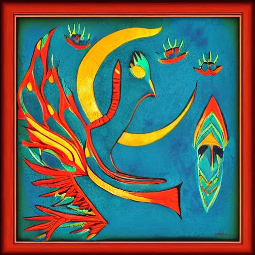 Image similar to a bird rising above the flames, mexican folk art, native american folk art, relief engraving, framed art, intricate abstract, mild expressionism, award winning