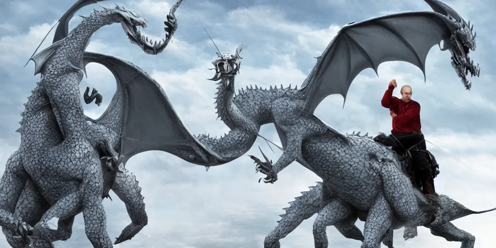 Prompt: Vladimir Putin riding a dragon photorealism, clear photography