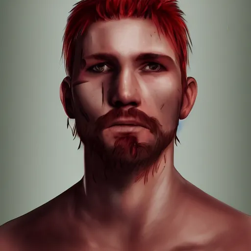 Prompt: portrait, 30 years old man :: red hair ponytail :: burned face, grimy, rough, shirtless :: high detail, digital art, RPG, illustration