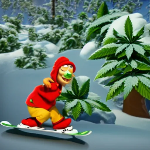 Prompt: cannabis leaf character snow boarding photo taken by pixar