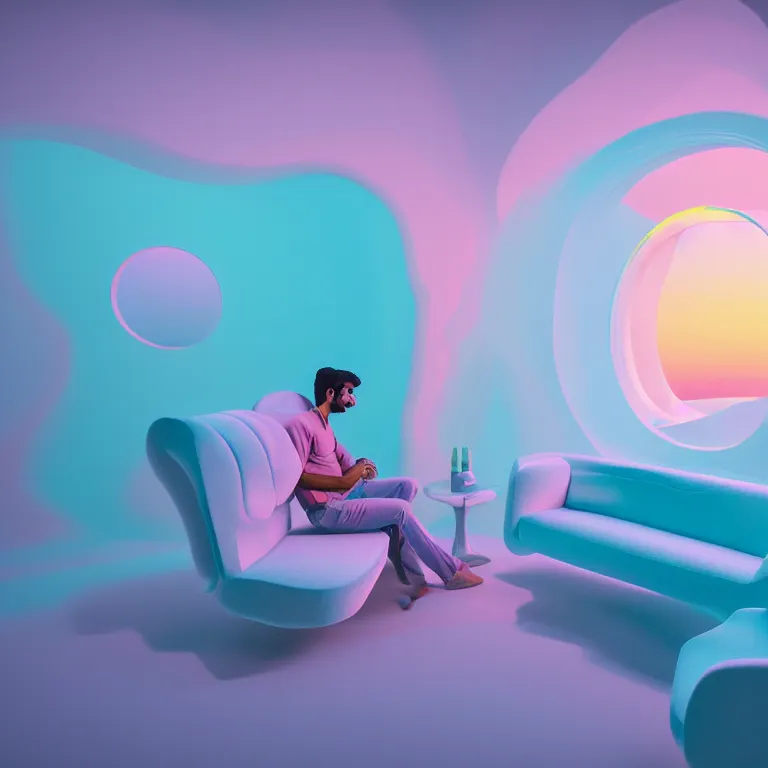 Prompt: photo by josh pierce and prateek vatash and roman bratschi, inside a smooth sleek soft dreamscape made out of colorful pastel soft foam, velvet furniture, arched window showing the ocean, pastel colors, sunset, cinema 4 d, 4 k, ray tracing reflections, volumetric lighting and shadows, haze, light beams