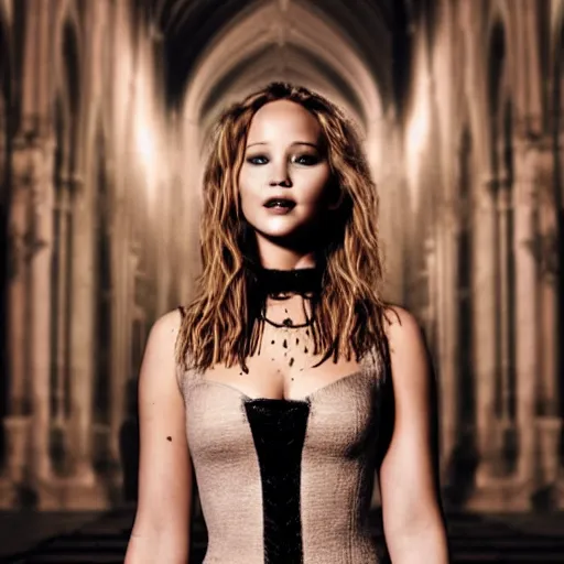 Image similar to jennifer lawrence as a vampire in a gloomy gothic cathedral at night