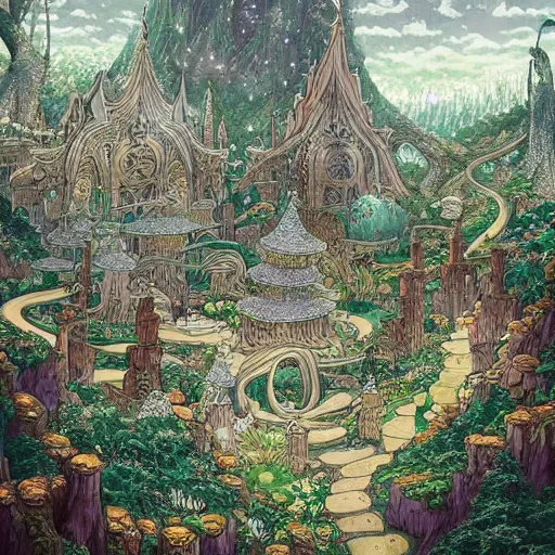 Prompt: a stunning fairy landscape with an elvish city in the middle of the forest, ornate, intricate, in the style of miyazaki, studio ghibli, hyper detailed