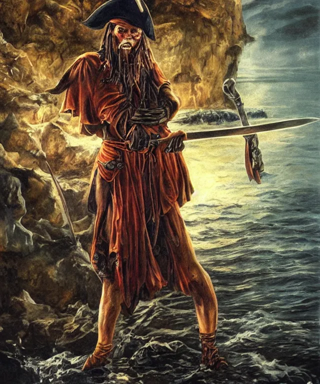 Prompt: ultra realistic color portrait painting of a ghost 1 7 th century pirate with a sword in a grotto, dark, painted, brooding, atmospheric, seascape, horror, smooth, epic, highly detailed, cinematic, by larry elmore