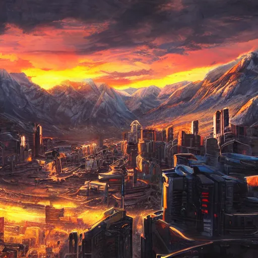 Image similar to beautiful sunset over detailed cyberpunk suburb in a valley surrounded by epic mountains with snowtops, sharp, highly detailed, oil on canvas, kacper niepokolczycki