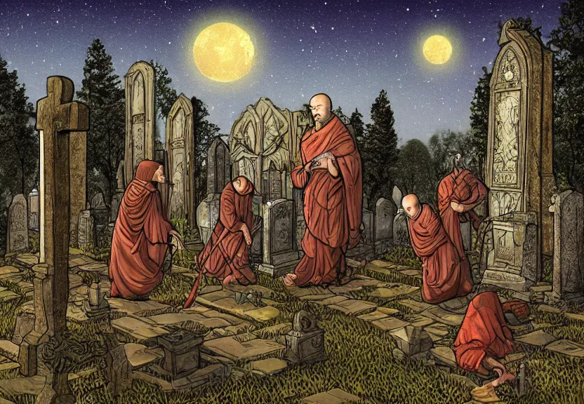 Image similar to monk possums at a medieval cemetery at night, highly detailed, digital art, isometric