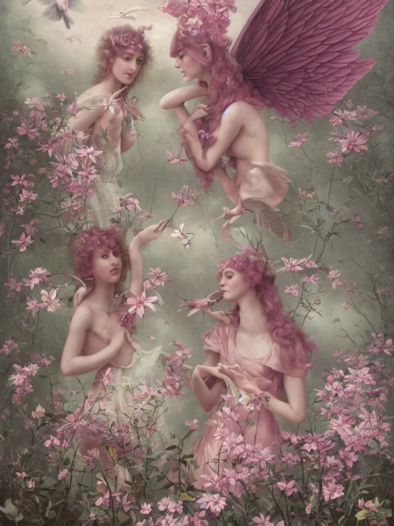 Image similar to two pink fairies with large wings exploring their lonely flower garden by tom bagshaw, extremely detailed, muted colors