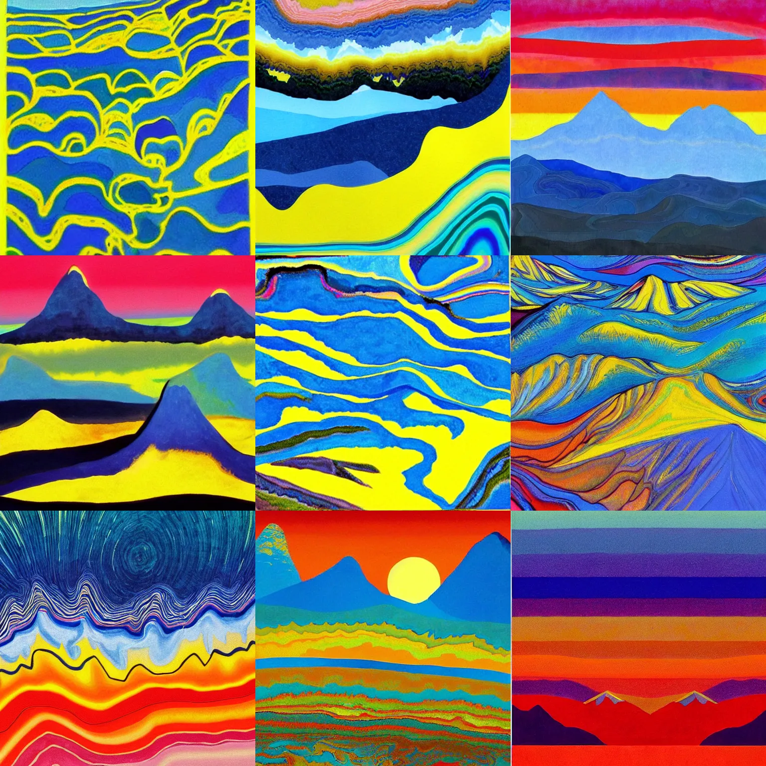 Prompt: painting of layered blue mountains with a white background, a bright yellow sun while under the influence of lsd. psychedelic. trippy.