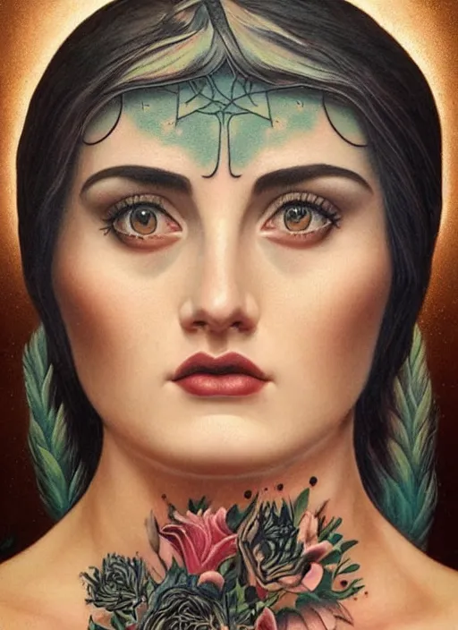 Image similar to beautiful enlightened woman instagram influencer with tattoos, tattooed skin, oil painting, robe, symmetrical face, dark ritual myth, by john william godward, anna dittman, sandra chevrier masterpiece