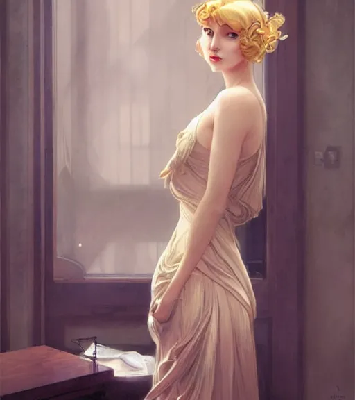 Image similar to Blonde girl in the roaring twenties wearing a dress, digital painting, smooth, elegant, hd, art by WLOP and Artgerm and Greg Rutkowski and Alphonse Mucha