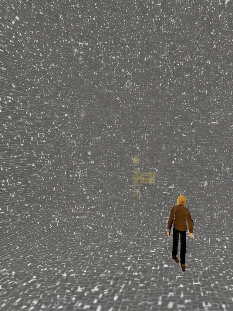 Image similar to PS1 game, man walking in city third person, static white noise glitching in the sky