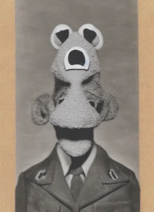 Prompt: grainy 1940’s WWII military portrait of an anthropomorphic frog muppet dressed like a soldier, professional portrait HD, frog, frog head, authentic, Kermit, muppet