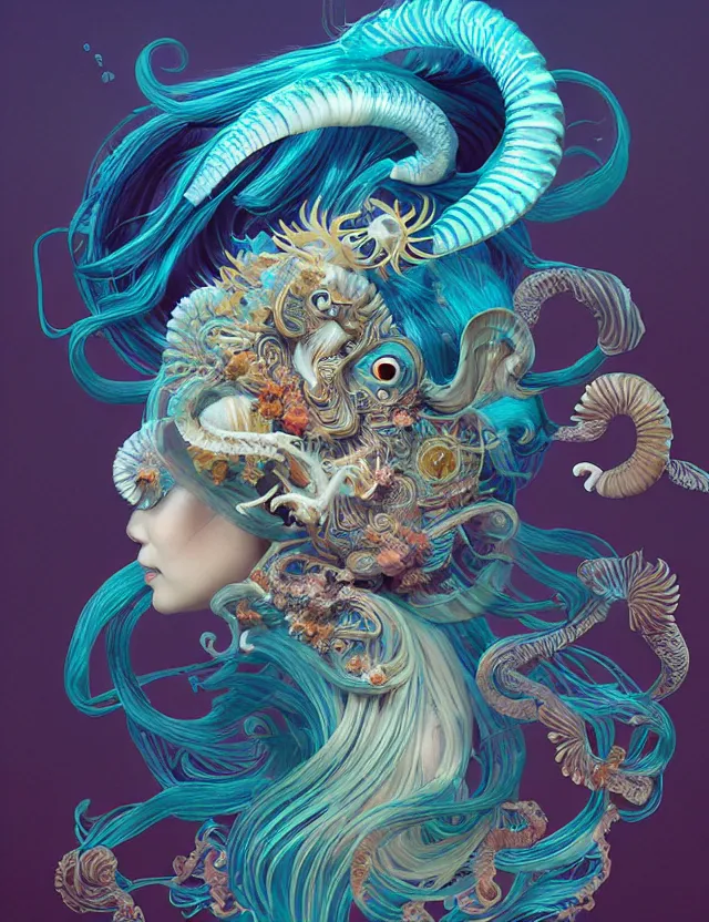 Image similar to 3 d goddess nautilus half - turn portrait with long hair with ram skull. beautiful intricately detailed japanese crow kitsune mask and clasical japanese kimono. betta fish, jellyfish phoenix, bio luminescent, plasma, ice, water, wind, creature, artwork by tooth wu and wlop and beeple and greg rutkowski