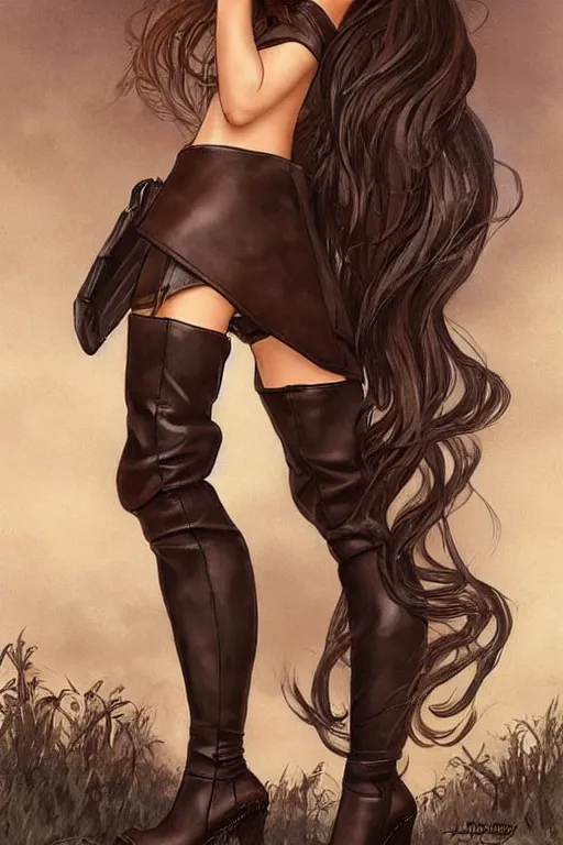 Image similar to beautiful cottagecore Ariana Grande bombshell overknee leather boots and corsette, full body shot, intricate, elegant. the background is chocolate !. highly detailed, digital painting, artstation, concept art, smooth, sharp, focus, illustration. . art by artgerm and greg rutkowski and alphonse mucha