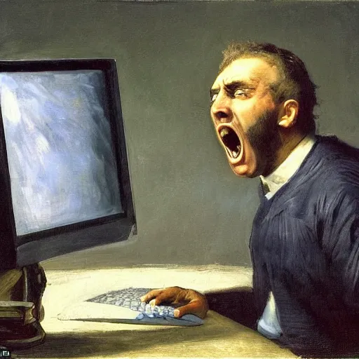 Image similar to an angry man screams at his computer monitor, oil on canvas, 1 8 8 3, highly detailed