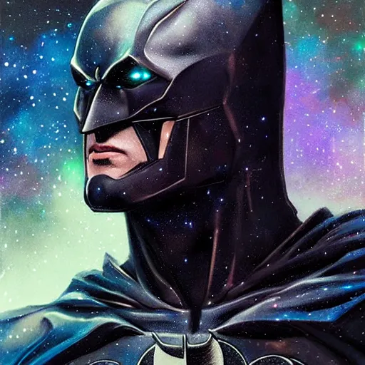 Prompt: Portrait of cosmic Batman, Batsuit made of stars, galaxies, nebulas, intricate, cinematic lighting, highly detailed, digital painting, artstation, concept art, smooth, sharp focus, illustration, art by Artgerm and Greg Rutkowski