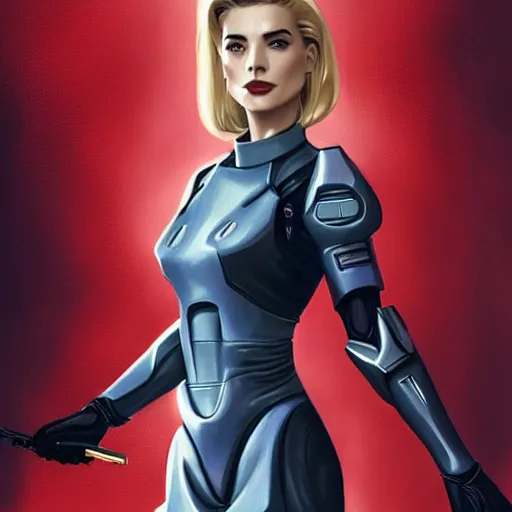 Image similar to A combination of Grace Kelly's and Ada Wong's and Ashley Greene's appearances with blonde hair wearing Forerunner armor from Halo, high tech, action shot, angular, full body portrait, futuristic, dramatic, fantasy, intricate, elegant, highly detailed, artstation, matte, sharp focus, 8K, art by Artgerm and Greg Rutkowski and Alphonse Mucha