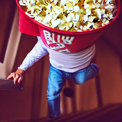 Image similar to mike wazowski falling down the stairs with a bucket of popcorn, iphone photo