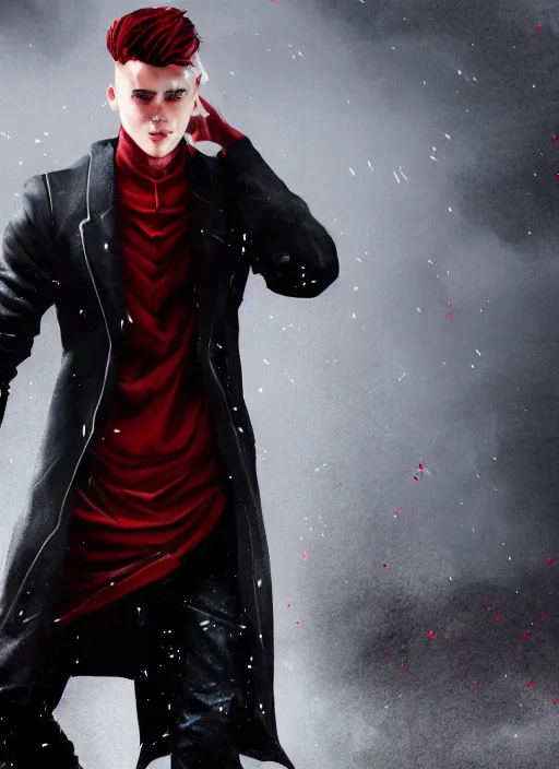 Prompt: An epic fantasy comic book style portrait painting of a young man with black undercut haircut, wearing black overcoat, red clothes, blue jeans. Unreal 5, DAZ, hyperrealistic, octane render, cosplay, RPG portrait, dynamic lighting