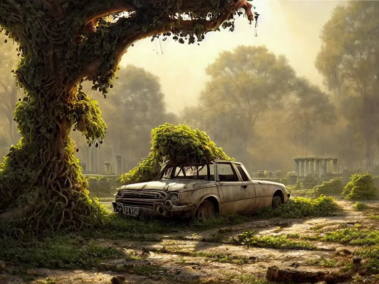 Prompt: a tree growing on a scrap car in ancient greek ruins, gray wasteland, many overgrown scrap cars, overgrown pillars and arches, vines, flowers, hyperrealistic, highly detailed, cinematic, ray of golden sunlight, beautiful, cgsociety, artstation, 8 k, oil painting by greg rutkowski, by artgerm, by wlop